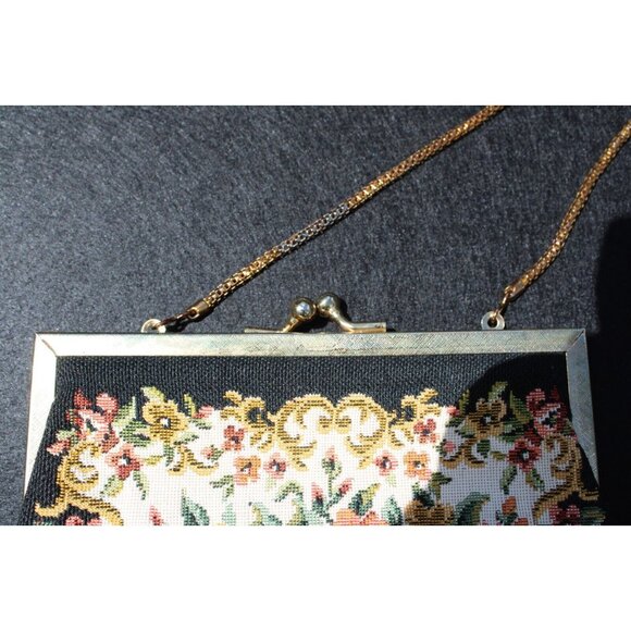 Vintage Floral Tapestry Handbag Goldtone Clasp Rope Chain Handle - Picture 3 of 9
